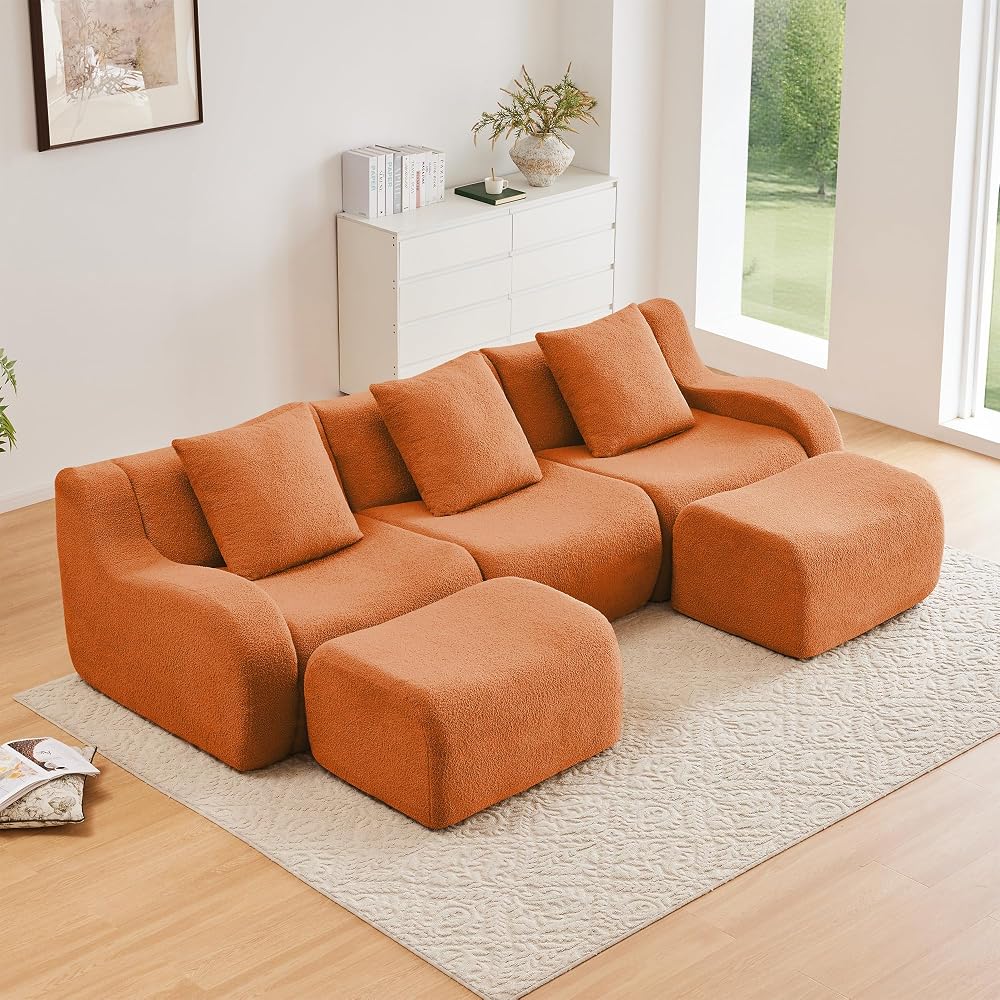 Boneless Cloud Couch Modular Sectional Sofa, U Shaped Couch 3 Seater Comfy Teddy Sofa, Deep Seat Sectional Couches for Living Room, Oversized Floor Couches with Ottoman, No Assembly, Orange
