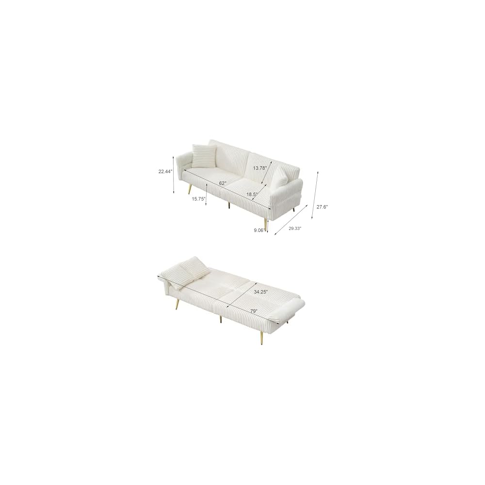 73" Convertible Futon Sofa Bed,Comfy Teddy Fabric Sleeper Couch with 3 Reclining Backrests,Golden Chrome Legs,Modern Cloud Sofa Loveseat for Small Living Room Office (White-Corduroy)