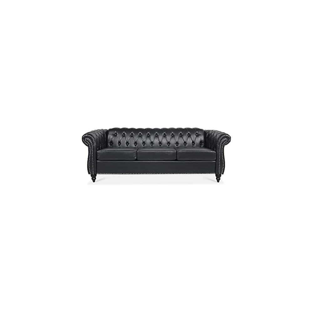 84" Chesterfield Leather Sofa with Channel Tufted Seat Back,Classic 3 Seater Couch w/Roll Arm Nailhead Trim and Upholstered,Mid Century Furniture for Living Room,Bedroom,Office,Black PU