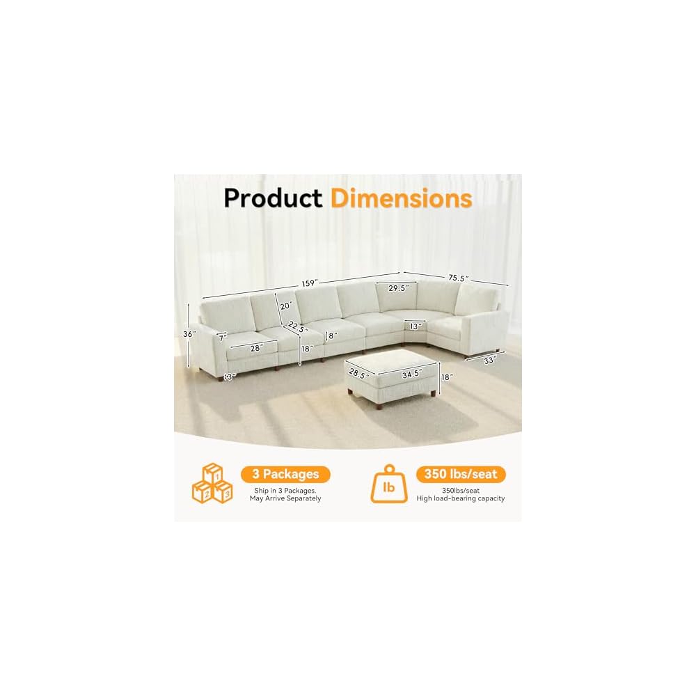 159 Inch Oversized Modular Sectional Sofa with Curved Corner, Convertible U/L-Shaped Cloud Couch with Moveable Seat,Storage Ottoman,Cupholders, Living Room Chenille Fabric Sofa