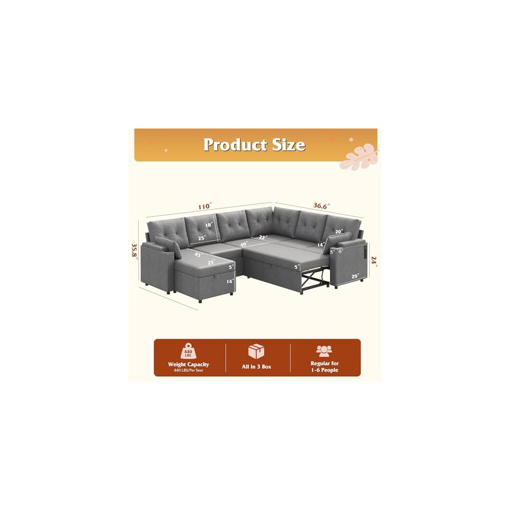 110'' Sectional Couches for Living Room, Pull Out Couch, U Shape 7 Seat Sleeper Sofa with Storage Chaise and Pillows, Removable Sofa Cover, Cups Holders, USB Charging Station, Grey