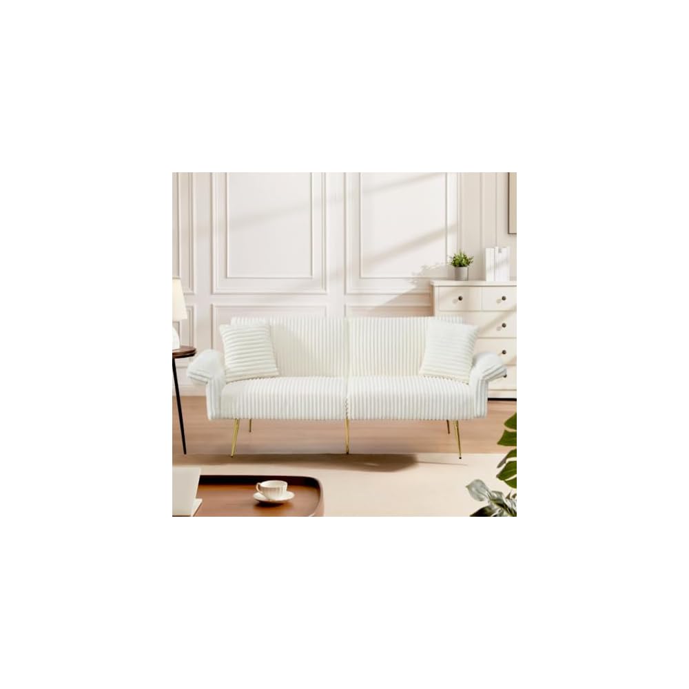 73" Convertible Futon Sofa Bed,Comfy Teddy Fabric Sleeper Couch with 3 Reclining Backrests,Golden Chrome Legs,Modern Cloud Sofa Loveseat for Small Living Room Office (White-Corduroy)