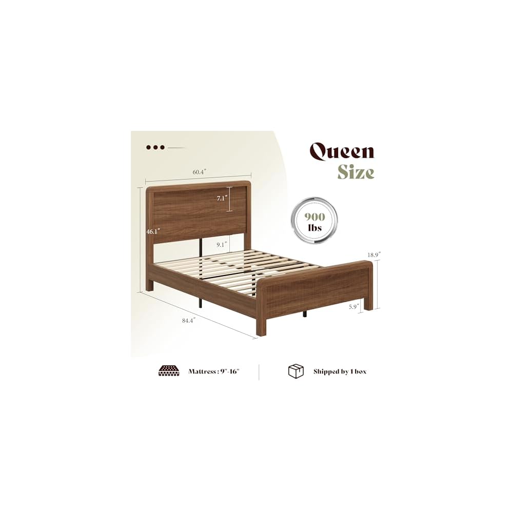 Queen Wood Bed Frame with Fluted Headboard & Footboard, Walnut