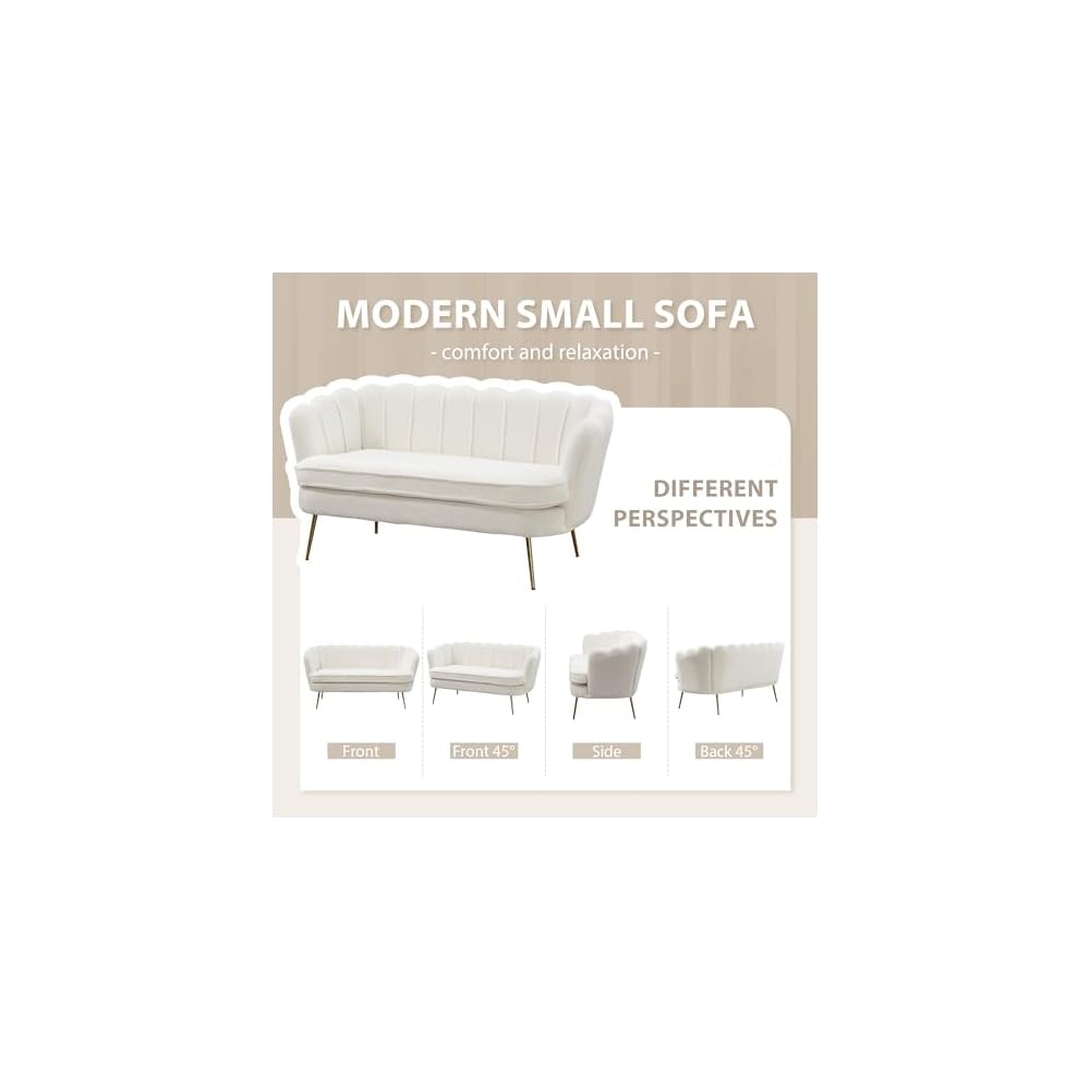 59" W Comfy Small Loveseat for Small Spaces, Upholstered 2-Seat Settee Loveseat with Metal Legs, Boucle, Ivory