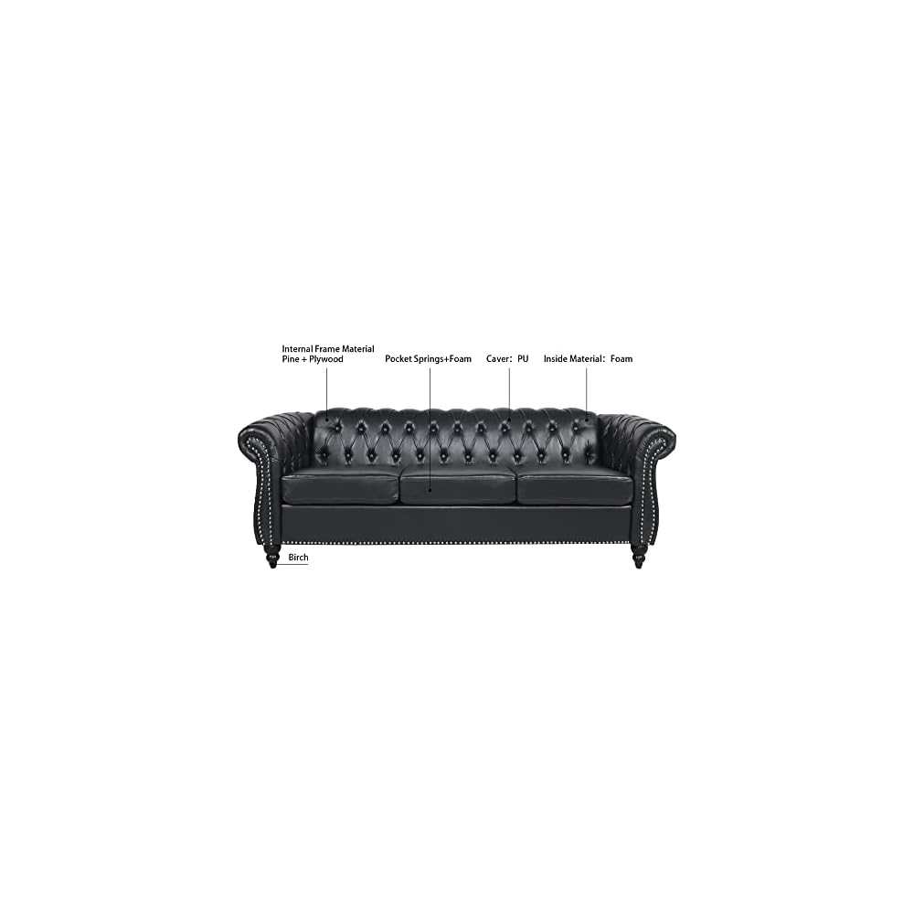 84" Chesterfield Leather Sofa with Channel Tufted Seat Back,Classic 3 Seater Couch w/Roll Arm Nailhead Trim and Upholstered,Mid Century Furniture for Living Room,Bedroom,Office,Black PU