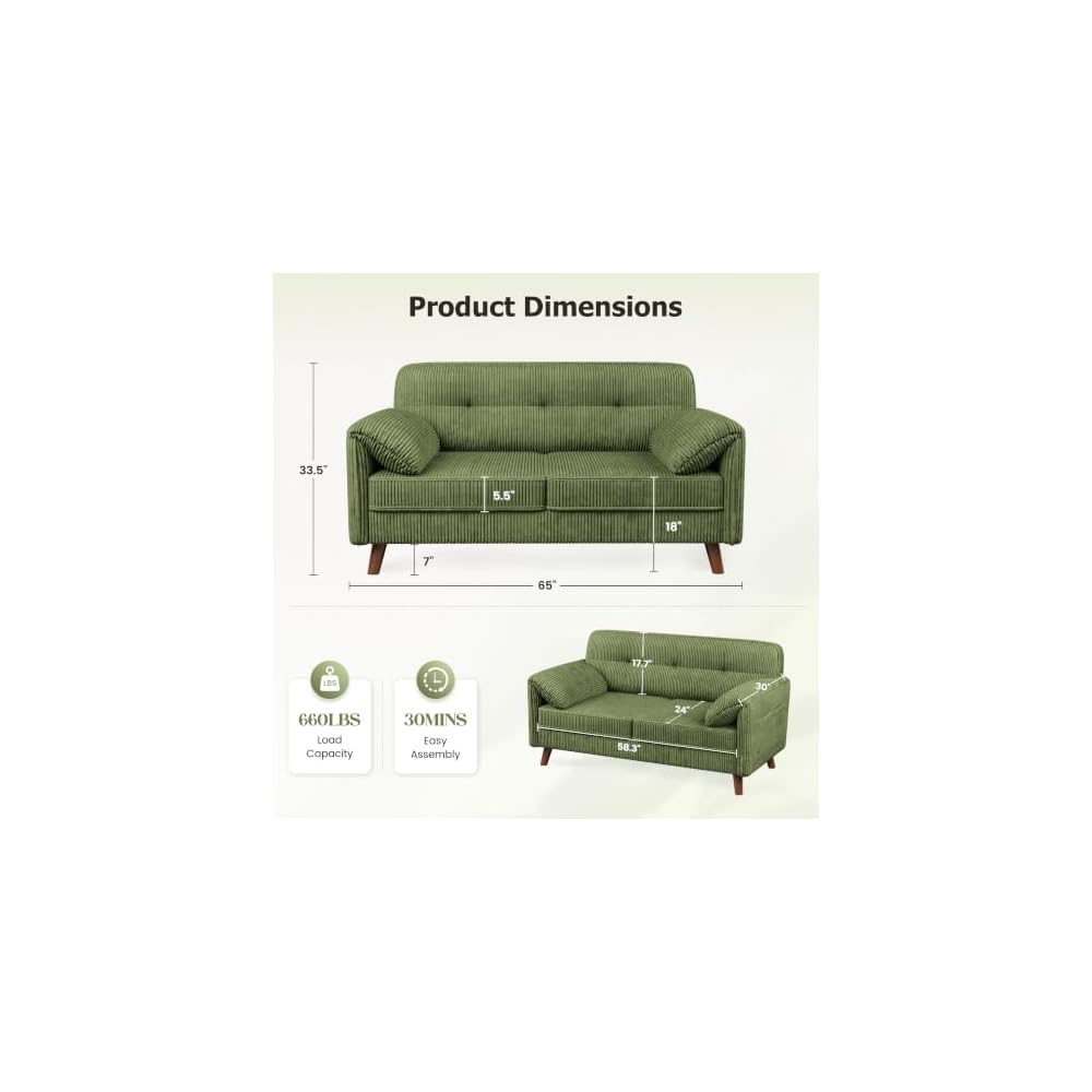 65" Loveseat Sofa, Corduroy Loveseat Couch for Living Room with Storage Pockets, 25" Deep Seat Love Seat with Padded Arms, Modern Small Couches for Bedroom, Small Spaces, Home Office