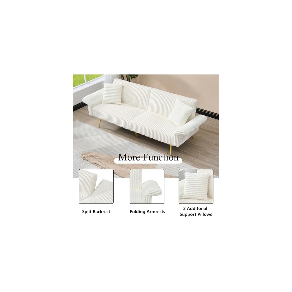 73" Convertible Futon Sofa Bed,Comfy Teddy Fabric Sleeper Couch with 3 Reclining Backrests,Golden Chrome Legs,Modern Cloud Sofa Loveseat for Small Living Room Office (White-Corduroy)