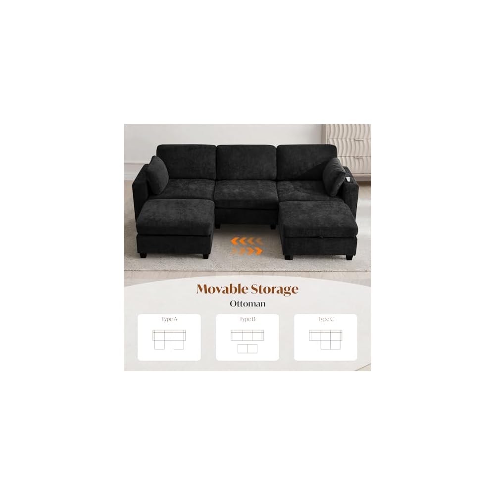 106" Modular Sectional Sofa with Storage, Convertible U Shaped Couch with Movable Ottoman, 5 Seat Modern Chenille Sectional Sofa for Living Room (Black, 106'')