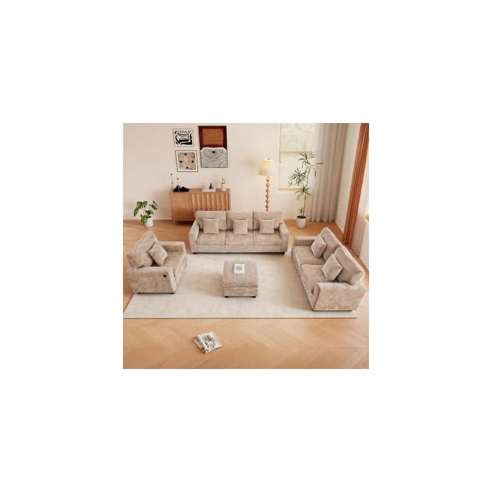 3-Piece Chenille Sofa Set with Ottoman for Living Room (Light Brown)