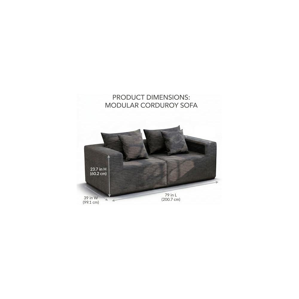 79'' Oversized Cloud Sectional Boneles Loveseat with 2 Throw Pillows, Washable Corduroy, Modern 2 Seater Couches, 39" Deep Seat, 28D Memory Foam for Living Room/Apartment (Gray)