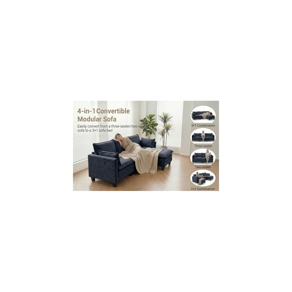 110.4" L Shaped Modular Sectional Couch with USB, Comfy Chenille Upholstered Cloud Couches with Movable Ottoman for Living Room, Modern 3 Seater Sofa with Side Pocket for Apartment, Navy Blue