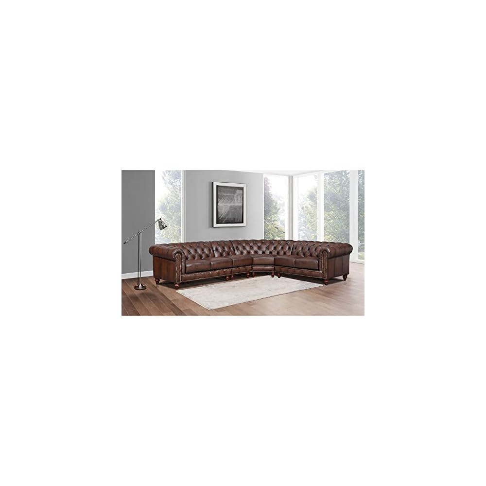 Alton Bay Top Grain Leather L-Piece Sectional, Caramel Brown, Feather Down, Memory Foam and Springs Seating