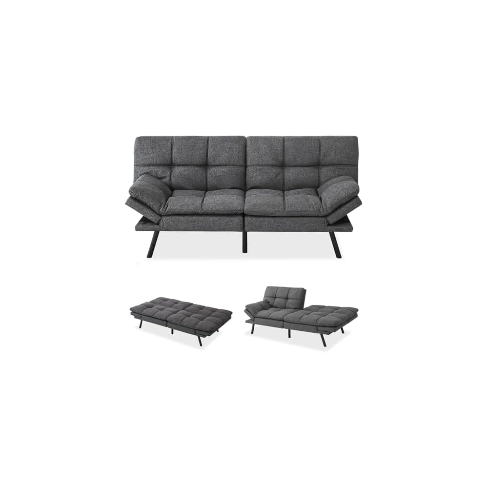 Memory Foam Futon Sofa Bed, Adjustable Backrests Armrests Convertible Modern Design Couch for Living Room, Apartment, Office, Small Room, 71" Daybed Dark Gray