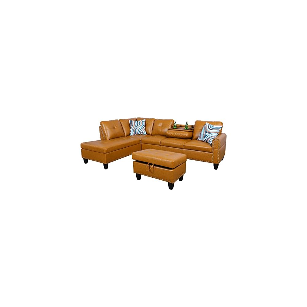 3-Piece Faux Leather L-Shaped Sectional Sofas, Button Tufted Upholstered Couches with Chaise Lounge and Storage Ottoman, Modular Living Room Set, Foldable Console and Cup Holder
