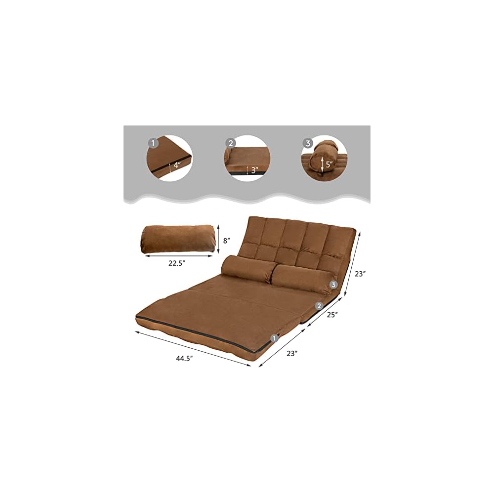 Convertible Floor Sofa, 6-Position Couch with 2 Removable Pillows & Thick Sponge Cushion, Load 330LBS, Adjustable Lazy Sofa Bed for Living Room (Coffee)