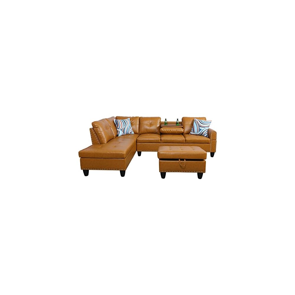 3-Piece Faux Leather L-Shaped Sectional Sofas, Button Tufted Upholstered Couches with Chaise Lounge and Storage Ottoman, Modular Living Room Set, Foldable Console and Cup Holder