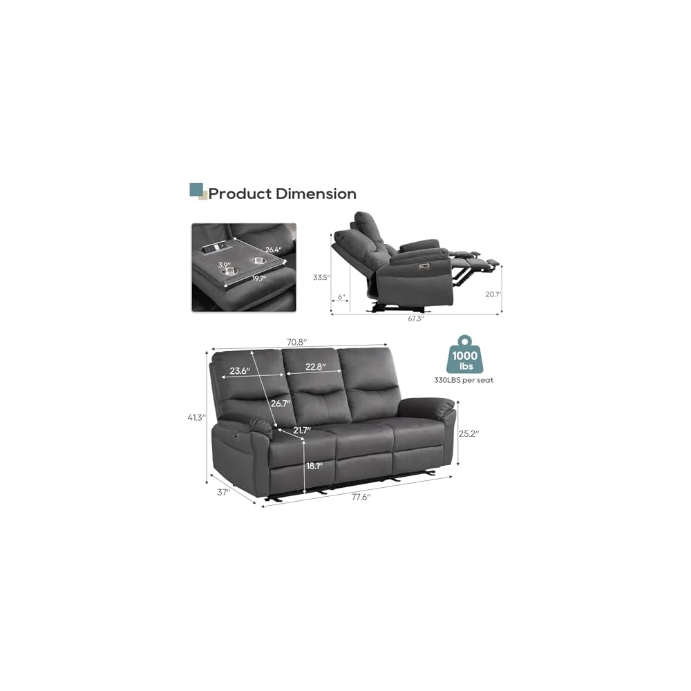 Reclining Sofa, Power Reclining Sofa with Drop-Down Table & Cup Holders, Modern 3 Seat Power Reclining Couch, Wall Hugger Sofa Recliner for Living Room Furniture Sets(Dark Gray)