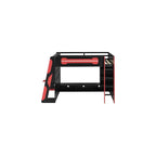 Gaming Loft Bed with Desk and Lights, Full Loft Bed with Storage Shelves and Work Station, Wood Loft Bed Frame for Kids, Boys, Girls, Teens, No Spring Box Needed & Dedicated Style, Red
