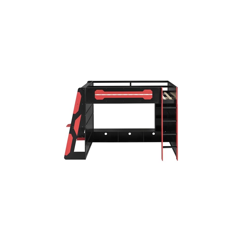 Gaming Loft Bed with Desk and Lights, Full Loft Bed with Storage Shelves and Work Station, Wood Loft Bed Frame for Kids, Boys, Girls, Teens, No Spring Box Needed & Dedicated Style, Red