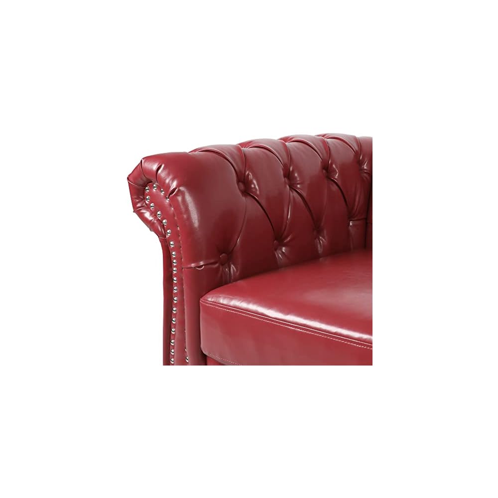 Traditional Chesterfield PU Loveseat Sofa, Modern Vintage Chesterfield Button Tufted Faux Leather Couch with Nailhead Trim Scrolled Arms for Living Room Bedroom Office(Burgundy)