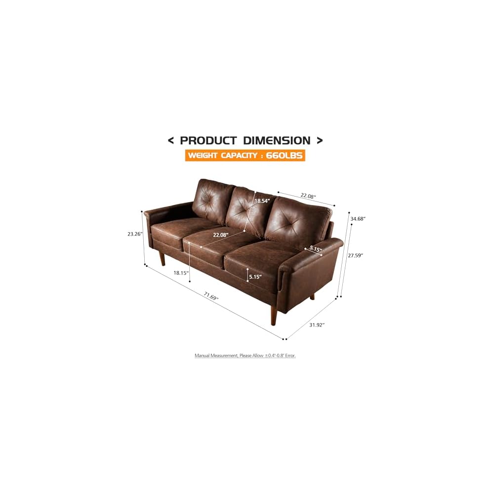 72" Faux Leather Couch Small Sofa Living Room Couch 3 Seater Sofa Modern with Button Tufted Back Cushioned Square Arm for Small Bedroom Apartment,Dark Brown