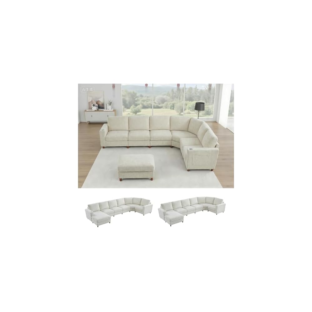 159 Inch Oversized Modular Sectional Sofa with Curved Corner, Convertible U/L-Shaped Cloud Couch with Moveable Seat,Storage Ottoman,Cupholders, Living Room Chenille Fabric Sofa