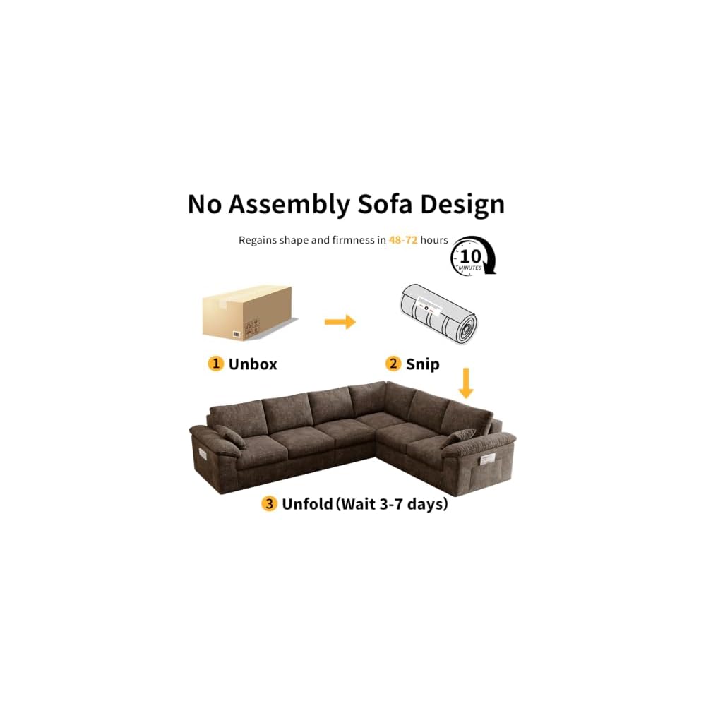 112" Boneless Cloud Sectional Couch, 6-Seat Modular L-Shaped Sofa, Brown