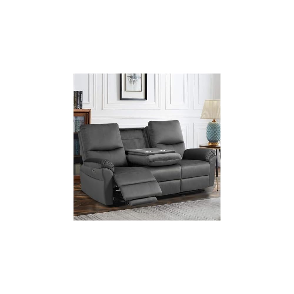 Reclining Sofa, Power Reclining Sofa with Drop-Down Table & Cup Holders, Modern 3 Seat Power Reclining Couch, Wall Hugger Sofa Recliner for Living Room Furniture Sets(Dark Gray)
