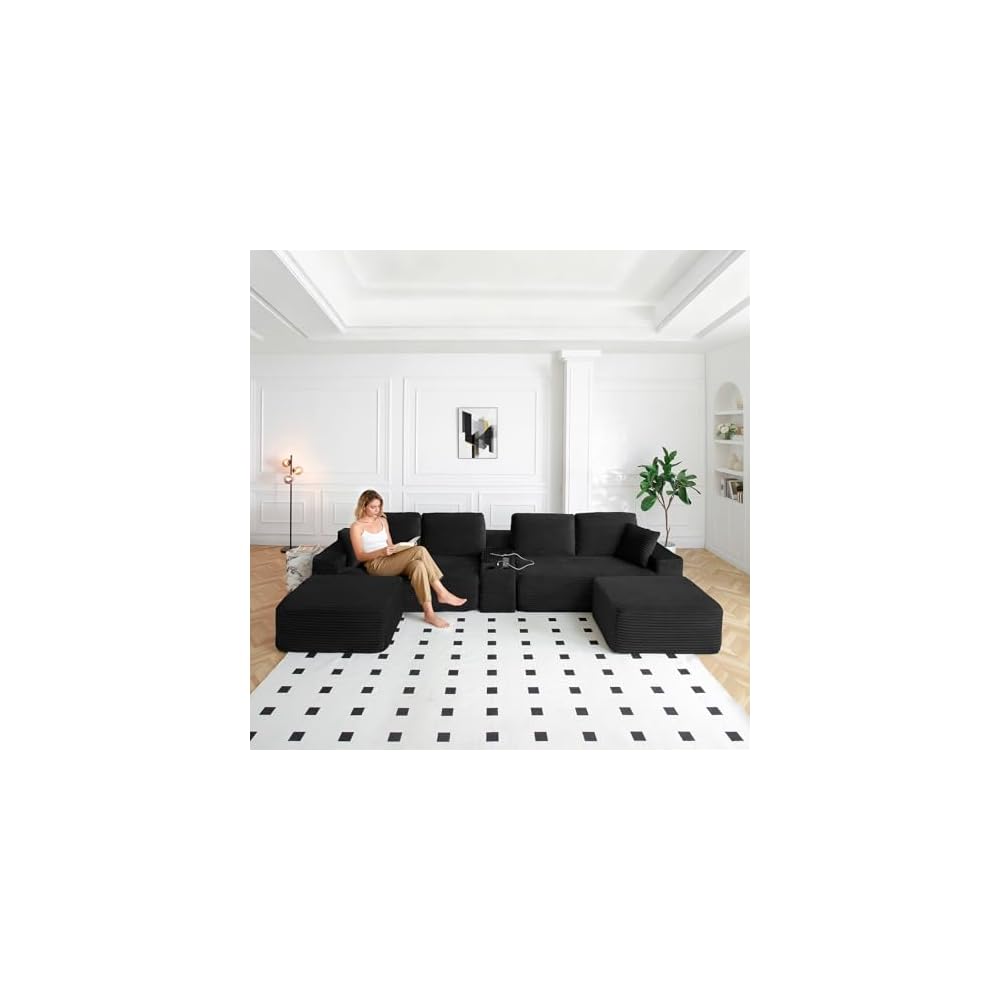 Oversized Modular Sectional Couch, Corduroy Deep Seat Cloud U-Shaped Couch with Cup Holders, USB Port & Storage Box, Upholstered Floor Memory Foam Boneless Sofa for Living Room, Bedroom(125"W, Black)