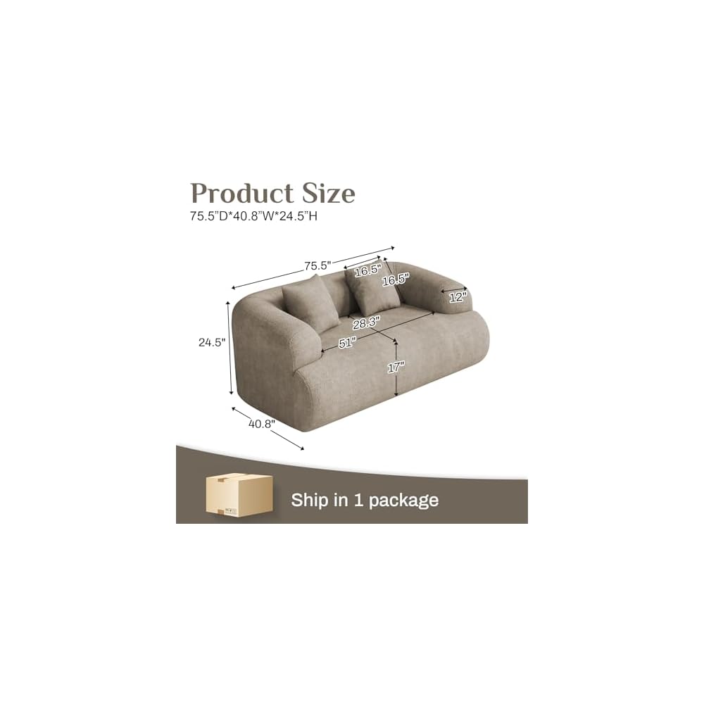 75" Boneless Cloud Loveseat, Modern Cute Curved Chenille Sofa, 2 Seater Compression Couch with 2 Pillows, No Assembly Required for Apartment Living Room, Light Brown