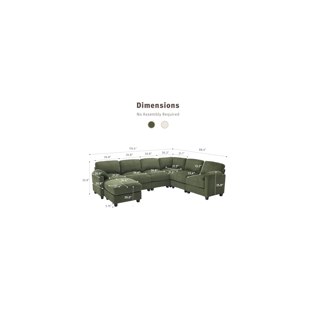 115'' U Shaped Modular Sectional Sofa, Corduroy Cloud Couch with Deep Comfy Seat & Movable Ottoman,Oversized 7-Seater Sofa for Living Room, Green