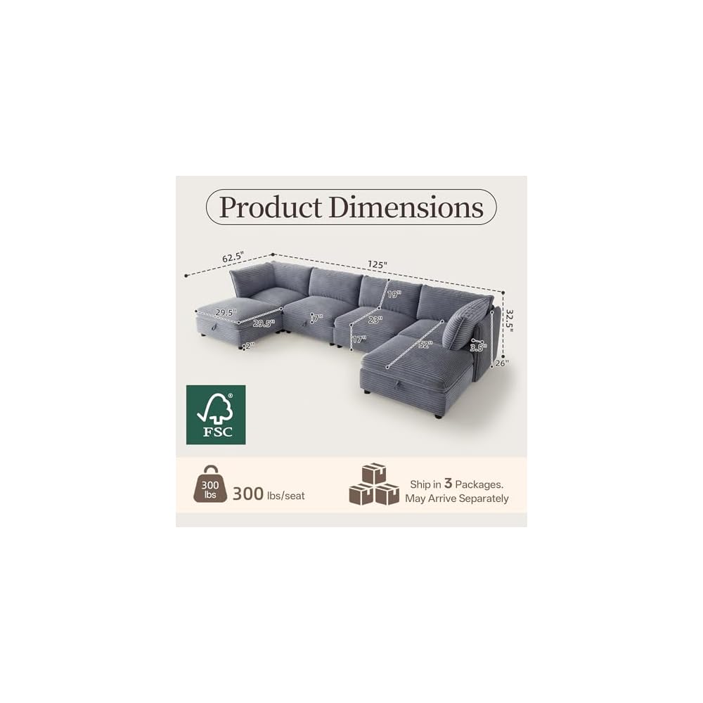125'' Modular Sectional Sofa,FSC Certified 6 Seater Sectional Sofa,Corduroy Modern Couch with Removable Covers,Modern Couch with Ottoman,U Shaped Couch with Storage,Gray Couches for Living Room