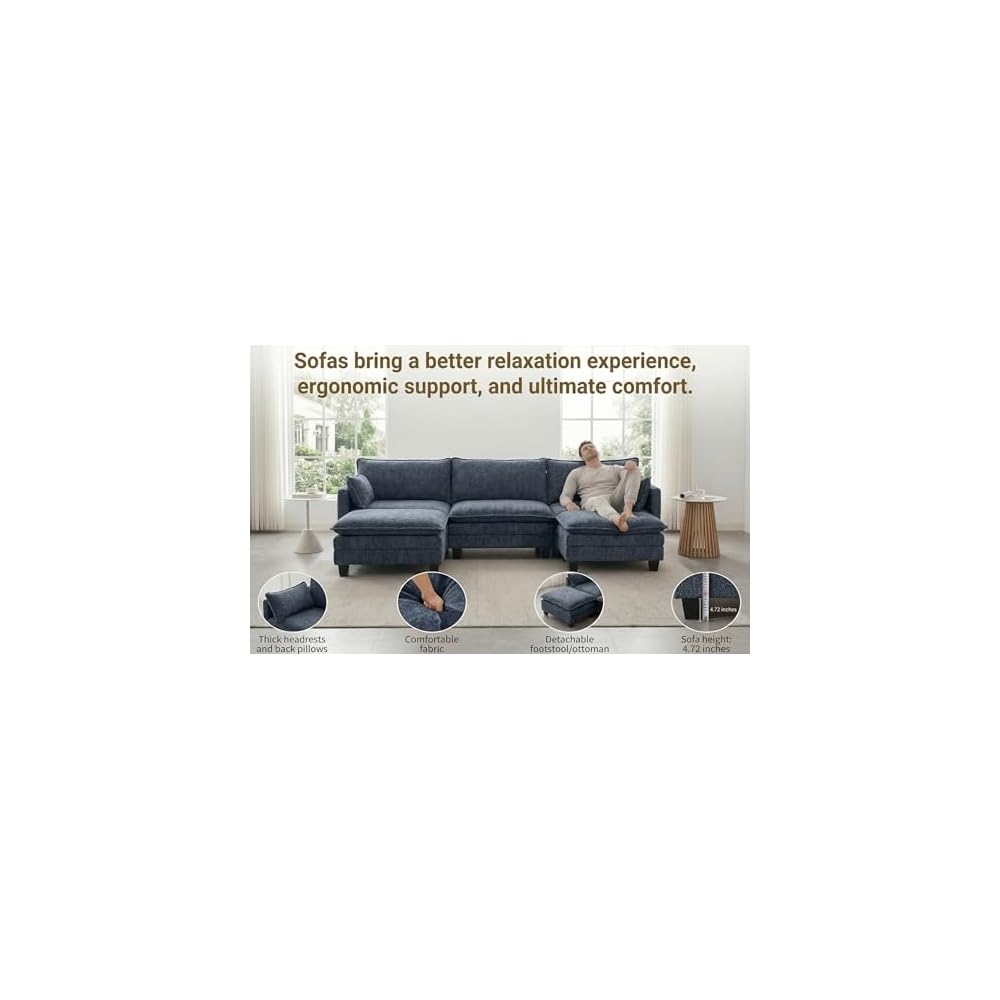 110.4" L Shaped Modular Sectional Couch with USB, Comfy Chenille Upholstered Cloud Couches with Movable Ottoman for Living Room, Modern 3 Seater Sofa with Side Pocket for Apartment, Navy Blue