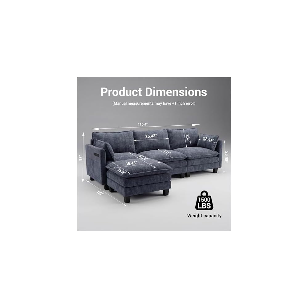 110.4" L Shaped Modular Sectional Couch with USB, Comfy Chenille Upholstered Cloud Couches with Movable Ottoman for Living Room, Modern 3 Seater Sofa with Side Pocket for Apartment, Navy Blue