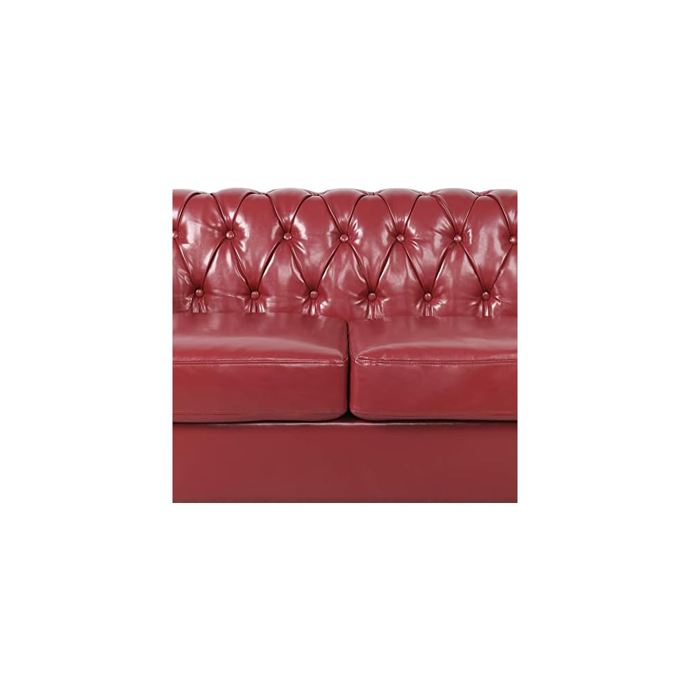 Traditional Chesterfield PU Loveseat Sofa, Modern Vintage Chesterfield Button Tufted Faux Leather Couch with Nailhead Trim Scrolled Arms for Living Room Bedroom Office(Burgundy)