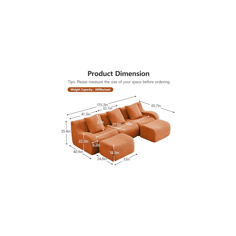 Boneless Cloud Couch Modular Sectional Sofa, U Shaped Couch 3 Seater Comfy Teddy Sofa, Deep Seat Sectional Couches for Living Room, Oversized Floor Couches with Ottoman, No Assembly, Orange