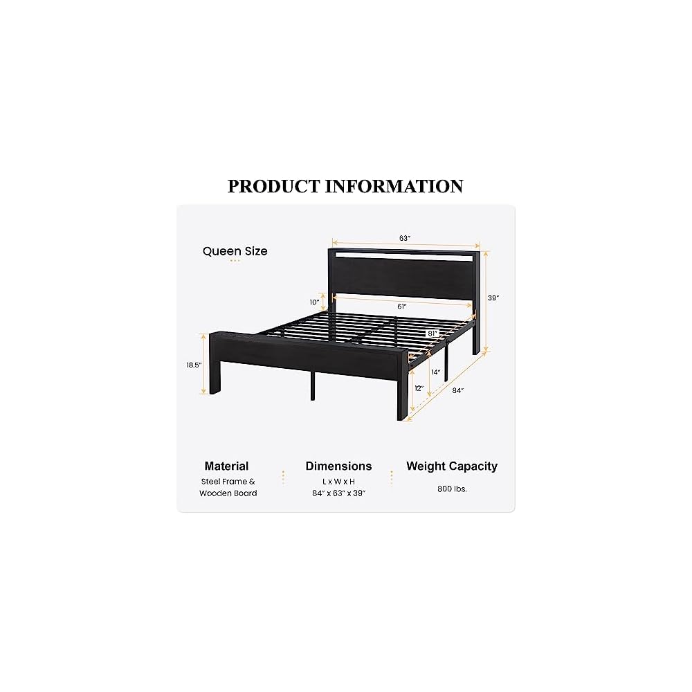 14 Inch Queen Size Metal Platform Bed Frame with Wooden Headboard and Footboard, Mattress Foundation, No Box Spring Needed, Large Under Bed Storage, Non-Slip Without Noise, Black Oak