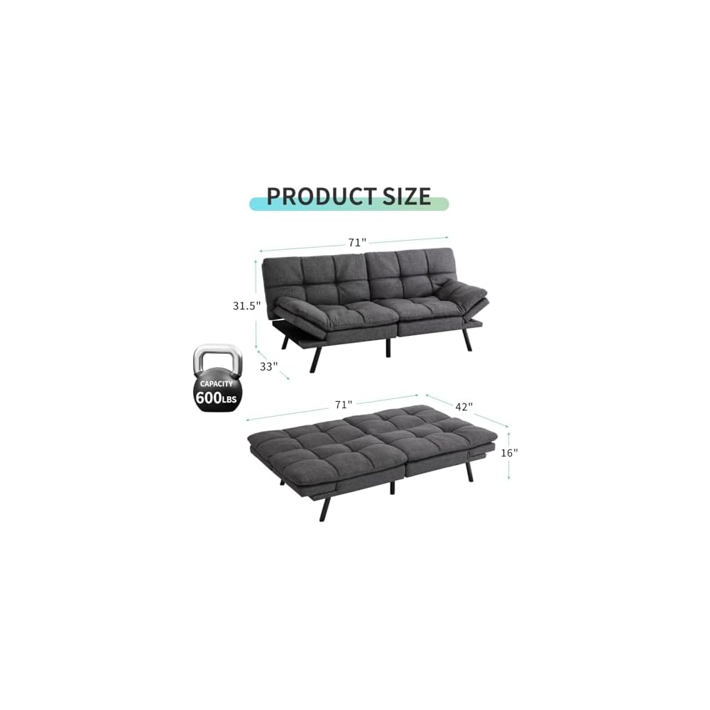 Memory Foam Futon Sofa Bed, Adjustable Backrests Armrests Convertible Modern Design Couch for Living Room, Apartment, Office, Small Room, 71" Daybed Dark Gray