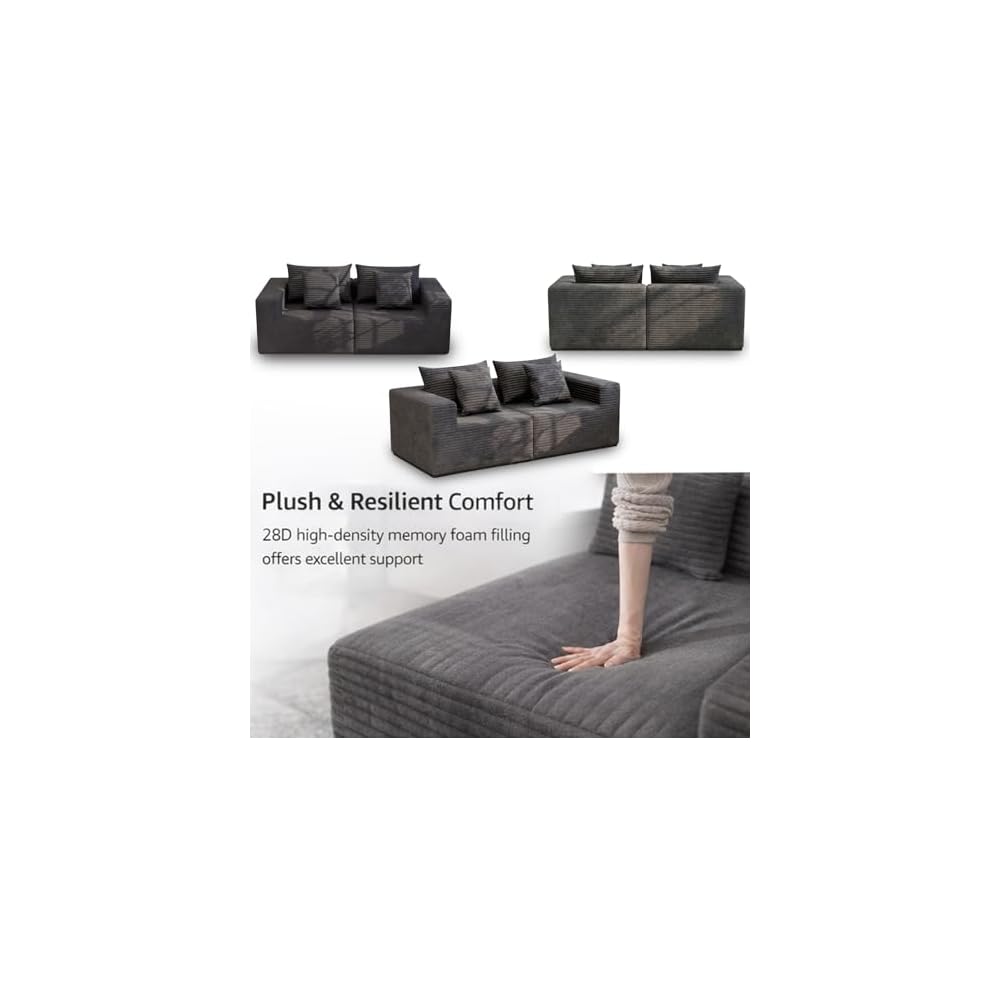 79'' Oversized Cloud Sectional Boneles Loveseat with 2 Throw Pillows, Washable Corduroy, Modern 2 Seater Couches, 39" Deep Seat, 28D Memory Foam for Living Room/Apartment (Gray)