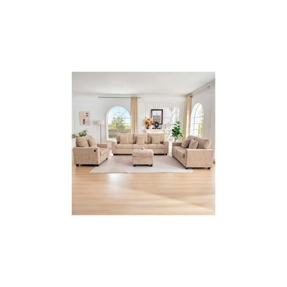 3-Piece Chenille Sofa Set with Ottoman for Living Room (Light Brown)