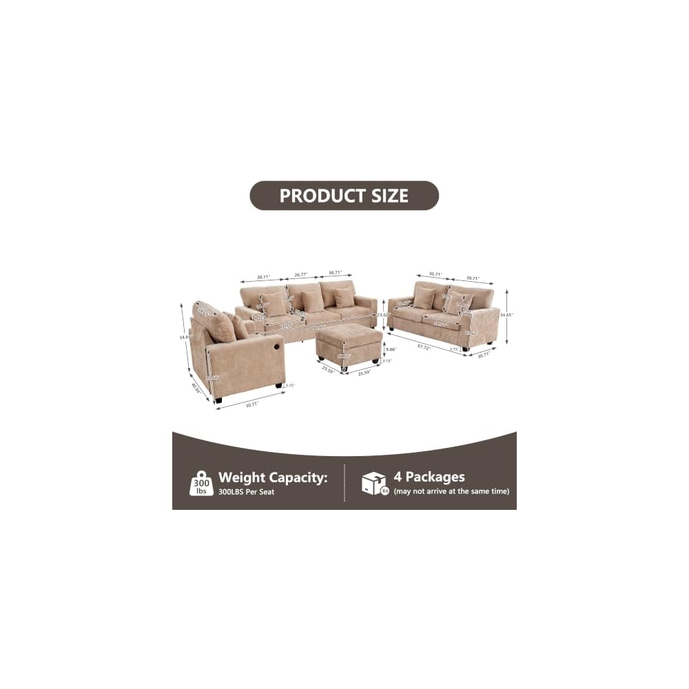 3-Piece Chenille Sofa Set with Ottoman for Living Room (Light Brown)