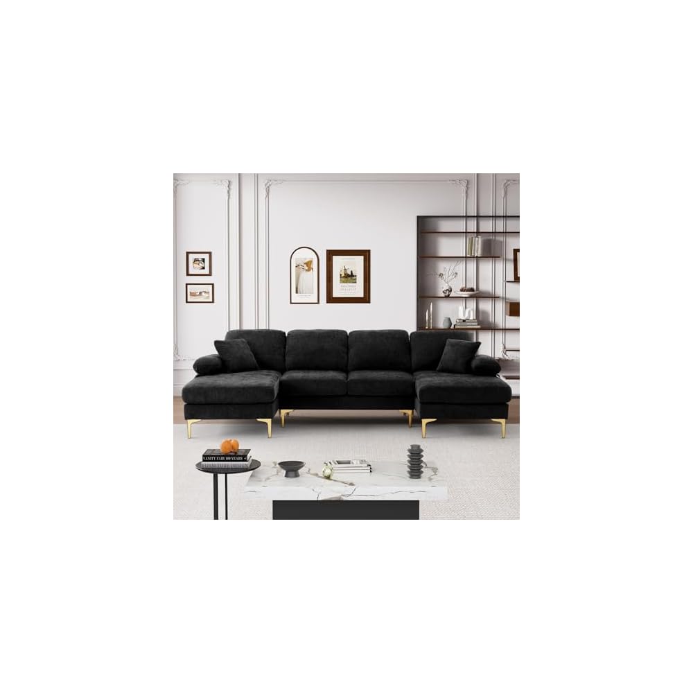 U Shaped Couches for Living Room, Convertible L Shaped Couch with Double Chaise Lounge, Modern Comfy Oversized 4 Seater Couches for Living Room Set, Black