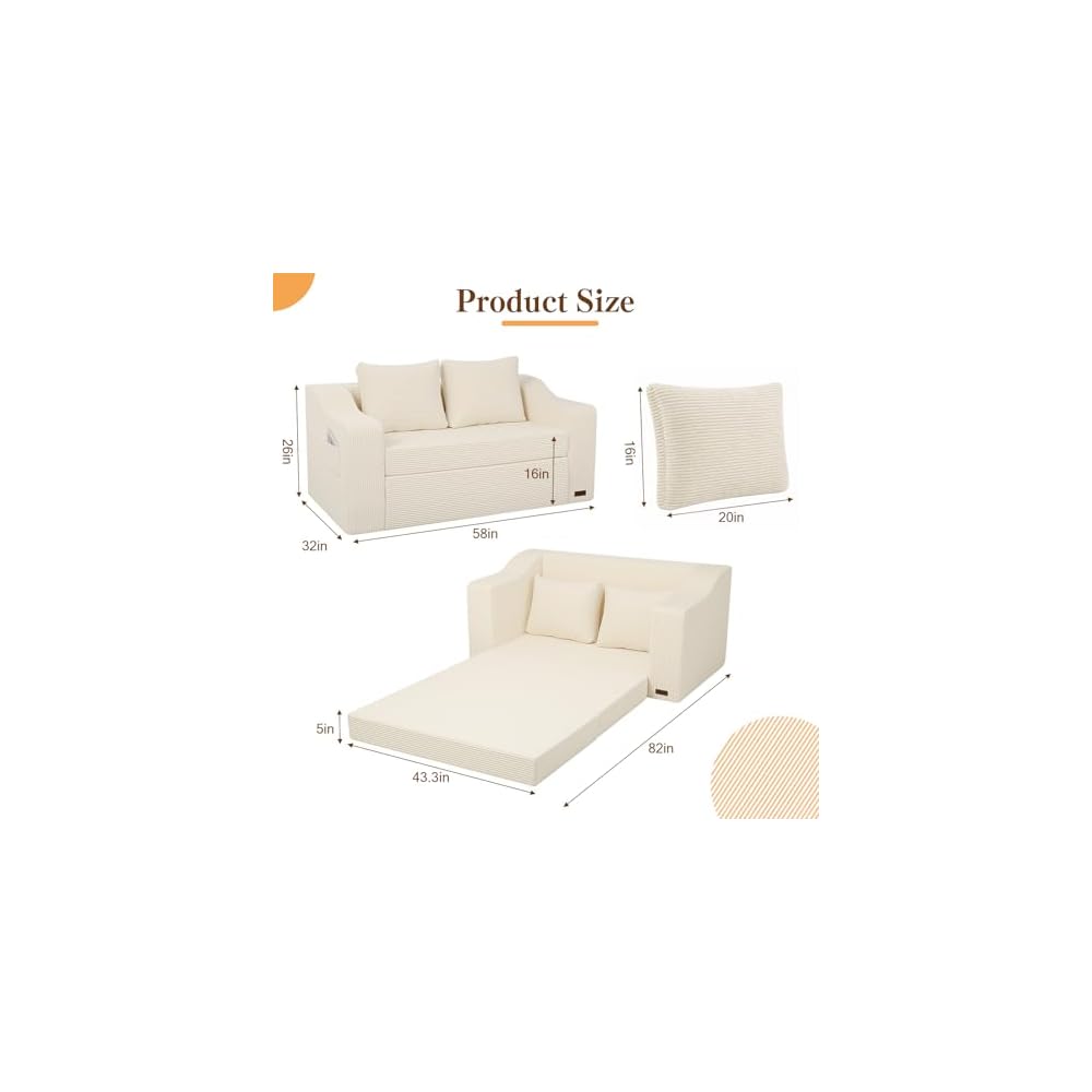 58" Boneless Loveseat Sofa Bed, Corduroy Pull Out, Beige