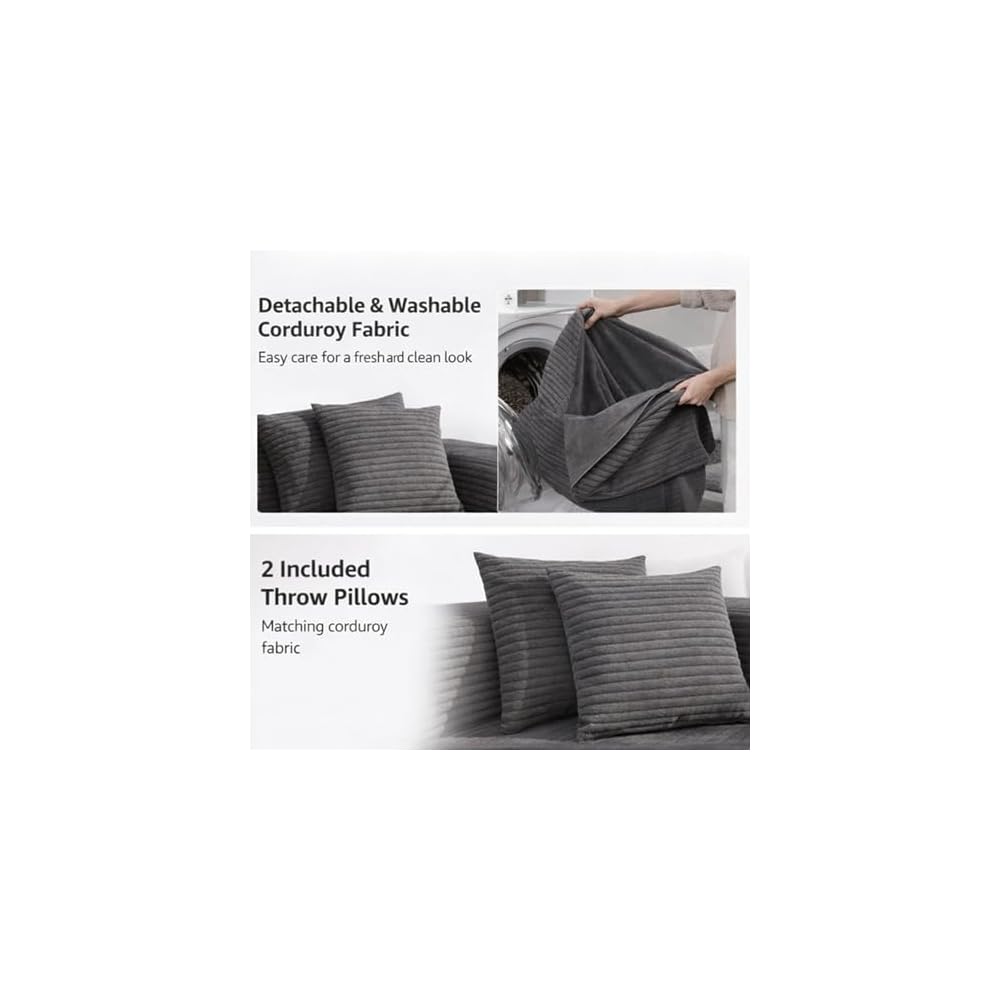 79'' Oversized Cloud Sectional Boneles Loveseat with 2 Throw Pillows, Washable Corduroy, Modern 2 Seater Couches, 39" Deep Seat, 28D Memory Foam for Living Room/Apartment (Gray)