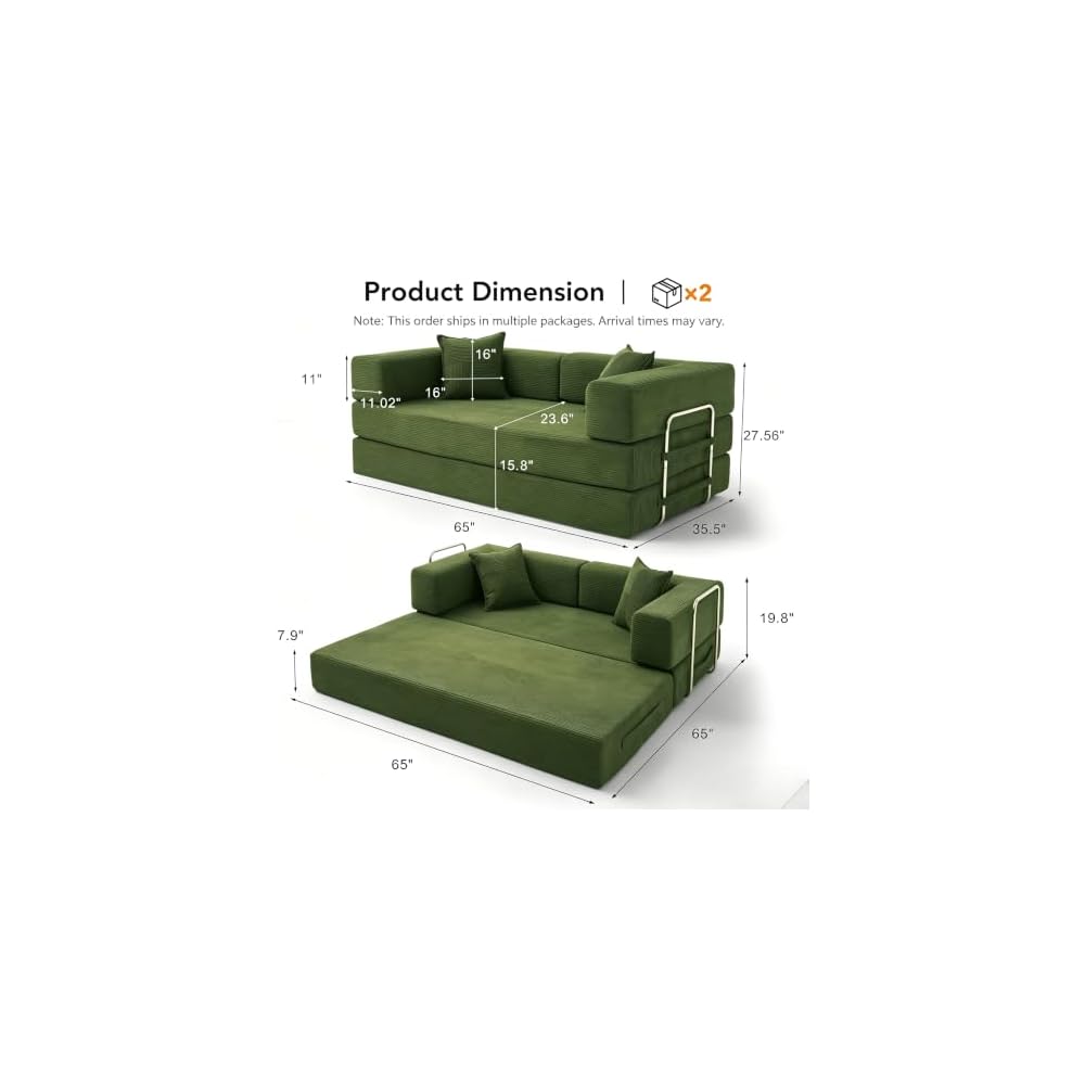 5-in-1 Convertible Sofa Bed,65" Folding Boneless Couch with Fixed-Shape Frame, Corduroy Floor Sofa Loveseat Sleeper for Living Room, Bedroom, Small Apartment, Green
