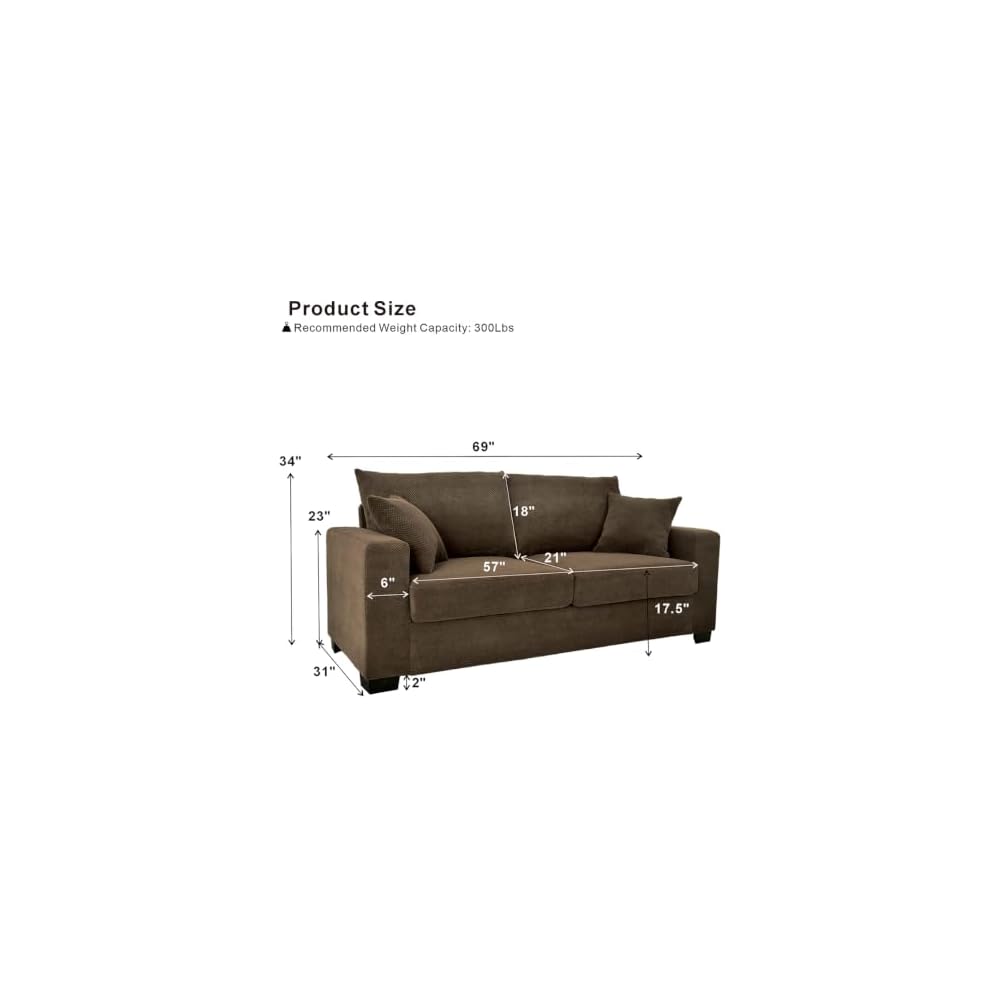 69" Two-Seater Dark Grey Fabric Loveseat, 2 Throw Pillows, lastic Legs
