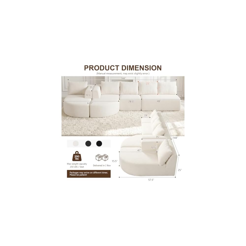 144" Oversized Sectional Sofa, Boneless Couches for Living Room