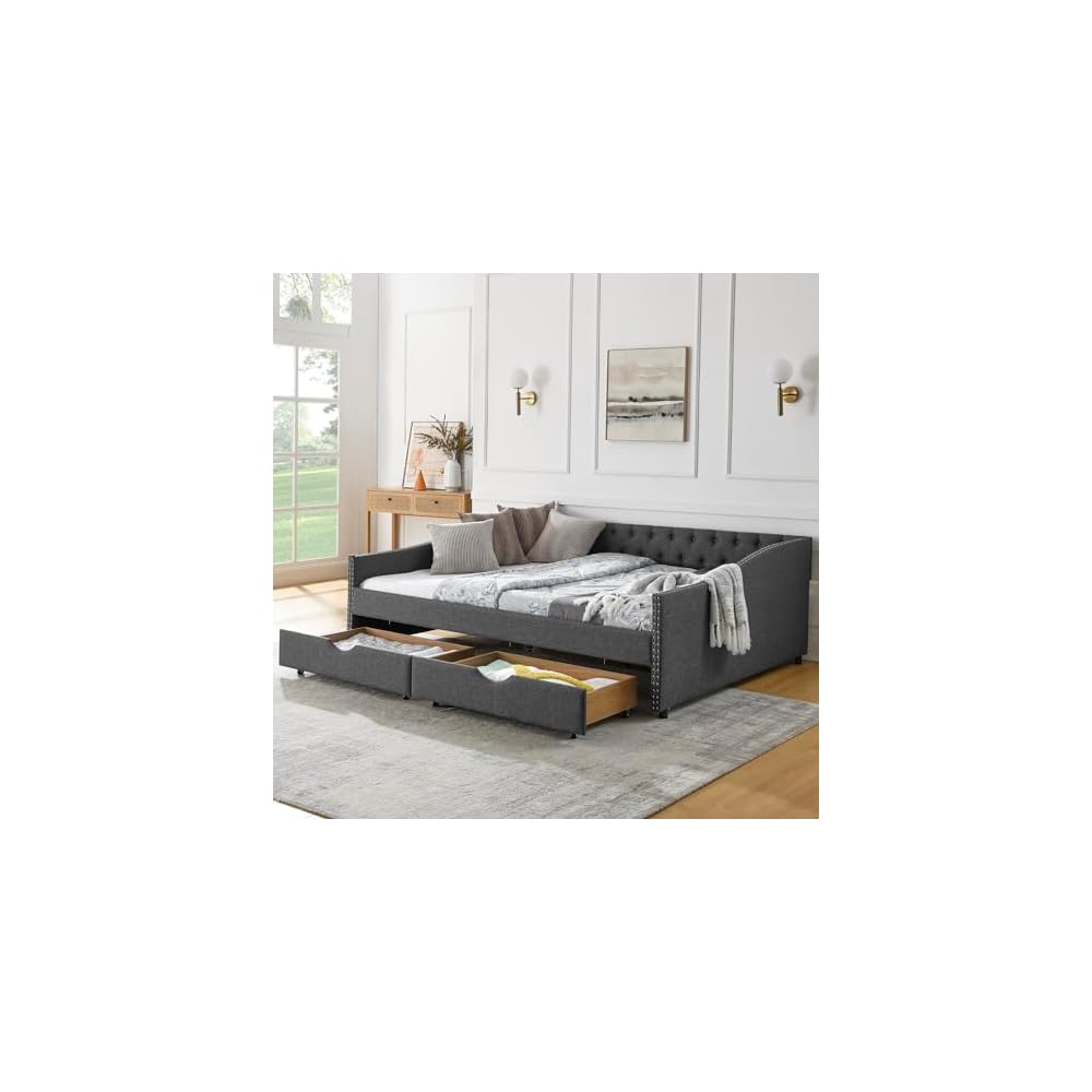 Queen Size Upholstery Daybed with 2 Drawers and Headboard, Mid-Century Style Tufted Sofa Bed with Button on Back, Easy Assembly, No Box Spring Required, for Living Room and Bedroom, Dark Grey