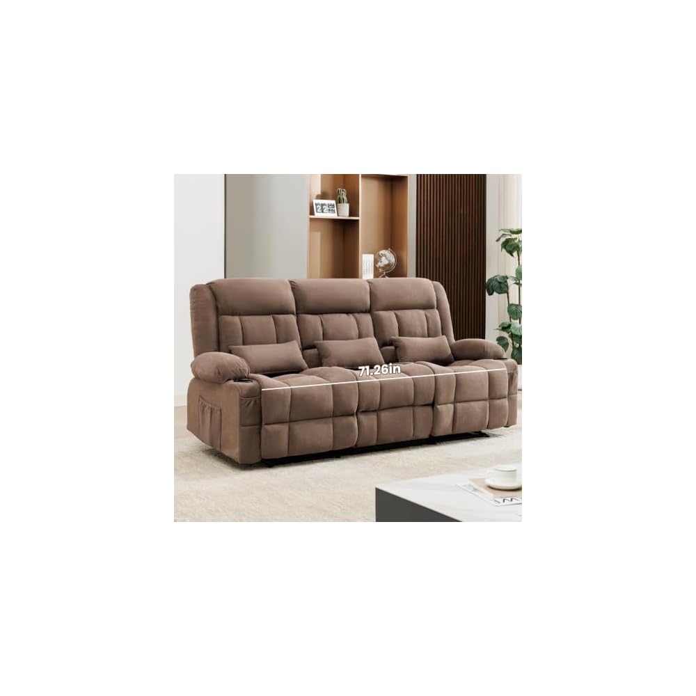 Reclining Sofa with Cup Holders for Living Room 3 Seat Manual Sofa Recliner with Side Pocket