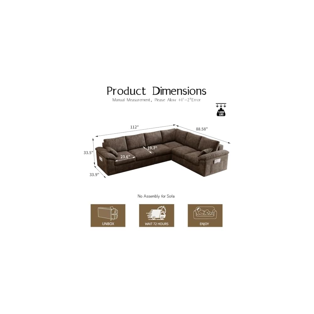 112" Boneless Cloud Sectional Couch, 6-Seat Modular L-Shaped Sofa, Brown